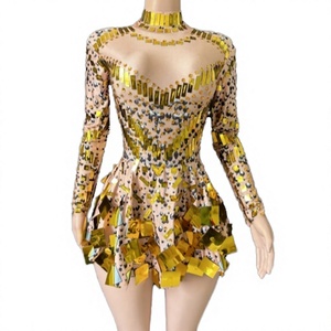 Robe de soirée mini à sequins miroir, manches longues, dos nu, col halter, costume de performance pour chanteuse danseuse - Product Image 4