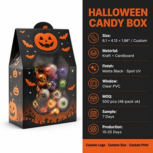 Cajas de Dulces Personalizadas para Halloween con Ventana, Caja Negra y Naranja con Diseño de Calabaza, Murciélago y Araña, OEM ODM, Paquete Múltiple al por Mayor - Product Image 1