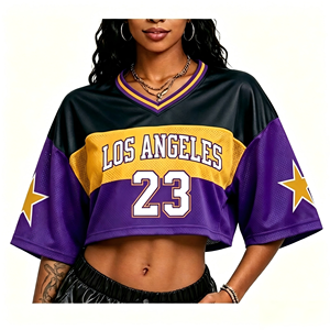 Camisetas Personalizadas con Nombre y Logotipo de los <span class=keywords><strong>Lakers</strong></span> para Fanáticas, Diseño de Manga Corta con Parches de Malla, Estilo Crop Top, Ropa Urbana Y2K, MOQ Bajo, ODM - Product Image 3