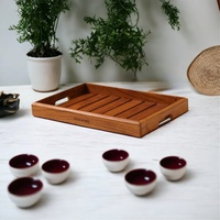 Plateau à thé en teck personnalisable, ajouré et drainant, pour desserts et collations, plateau en bois pour boissons de restaurant