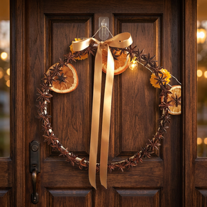 Corona Rústica Hecha a Mano con Anís Estrellado y Naranja Seca con Cinta Dorada, Flores Decorativas Navideñas, Corona Redonda sin Luces - Product Image 6