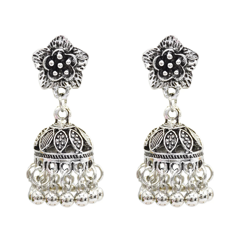 Orecchini Jhumka indiani etnici Vintage della boemia da donna oro piccola campana nappa fiore intagliato orecchini pendenti gioielli zingari