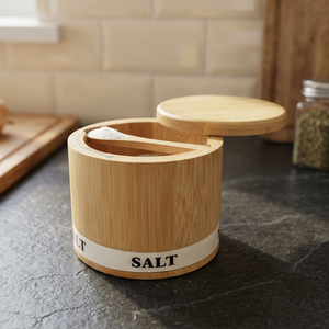 Natural Wooden Salt <b>Container</b> With Wooden Lid And Spoon Minimalist Design For Kitchen Use - Product Image 1