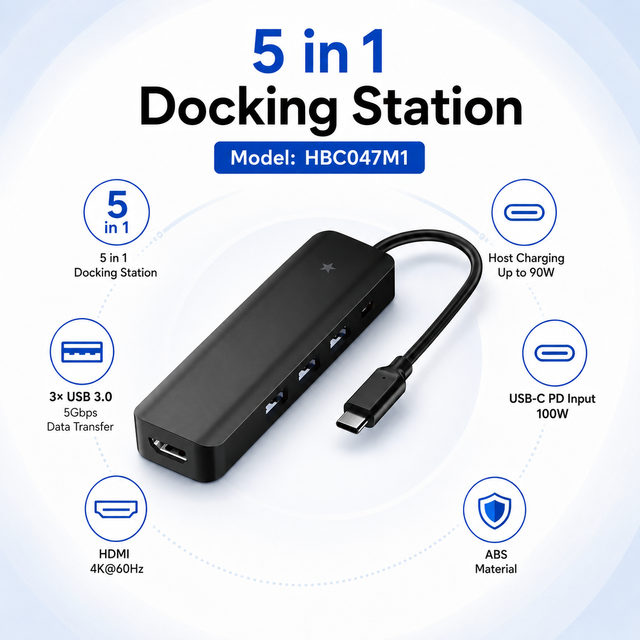 5-in-1 USB-C Docking Station, 4K+60Hz HDMI, 100W PD, 3x USB 3.0 5Gbps, Portable Multiport Adapter for Laptops