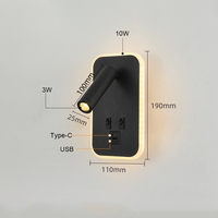 Applique murale LED minimaliste en aluminium 10W, lampe de lecture de chevet avec chargement USB Type-C, lumière blanche chaude pour chambre à coucher et hôtel