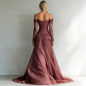 Robes pour femmes, rose poussiéreux, épaules <span class=keywords><strong>d</strong></span>énudées, col cœur, maille transparente, manches longues, plissées, ajustées, élégantes, formelles, robes longues à traîne - Product Image 2