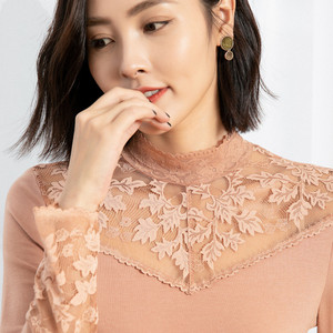 Autunno inverno Sexy Hollow Lace T shirt tinta unita a <span class=keywords><strong>maniche</strong></span> <span class=keywords><strong>lunghe</strong></span> Bottoming Shirt moda dolcevita donna top - Product Image 2