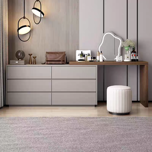 Escritorio minimalista moderno Mesa de maquillaje integrada Dormitorio Tocador de esquina de madera móvil con espejo y taburete - Product Image 5