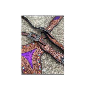 Juego de tachuelas moradas de cuero de alta durabilidad para montar en el oeste, perfecto para uso en rodeo, incluye tocado de caballo completo y riendas - Product Image 2