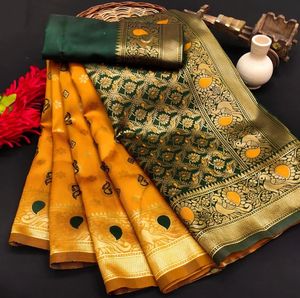 Sari indien traditionnel en soie vert et or avec motif paon pour mariage et occasions festives, pour femmes - Product Image 3