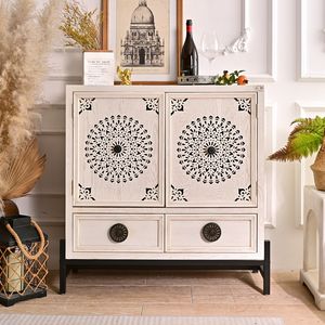 INNOVA Living Room Home Bar <b>Storage</b> Cabinet White Wooden Accent Sideboard 2 <b>Drawers</b> Modern Elegant Flower Carving Apartment Use - Product Image 1
