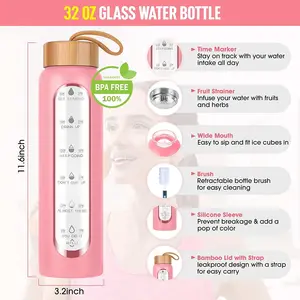 Bottiglia d'acqua in vetro a bocca larga con indicatore del tempo trasparente da 1000ml di vendita calda con custodia in silicone
