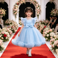 Robe en Tulle à Manches Courtes pour Enfants, Robe de Baptême avec Nœud à la Taille, Tenue de Première Communion pour Bébé Fille, Robe de Princesse pour Enfants, Robe de Demoiselle d'Honneur pour Mariage
