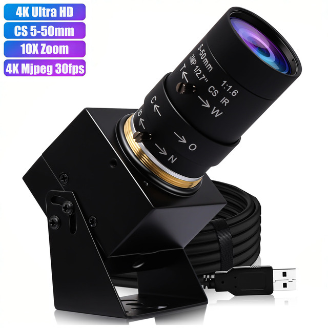ELP 10X Zoom USB 4K Webcam IMX317 Sensor CS Mount 5-50mm Lens 3840*2160 Mjpeg 30fps High Speed UVC Plug and Play Web Camera