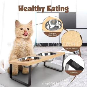 Support double pour gamelles de chat en bambou et bois pour usage domestique, support créatif pour gamelles d'animaux de compagnie en fer et bois, support en bois massif pour le cou. - Product Image 3