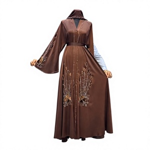 2026Shawl Collar V Neck Floor Length Modest Beaded <b>Abaya</b> Embroidery Detail Women Solid Color Long Sleeve Polyester <b>Wedding</b> - Product Image 1