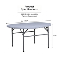 Table ronde portable en HDPE de 150 cm, table de jardin en plastique imperméable, tables pliantes pour hôtel, jardin, fête, banquet