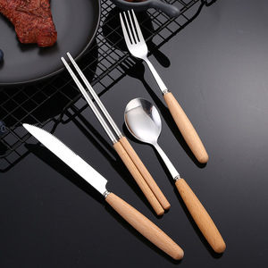 Stainless Steel Japanese Style Cutlery Set With Wooden Handle Dinnerware For Dining Eco Friendly Portable <b>Gift</b> Set - Product Image 4