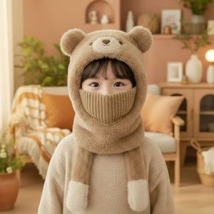 Kids Teddy <b>Bear</b> Hat With Scarf And Face Mask Khaki 54-56Cm Neck Protector For Warmth And Wind Protection - Product Image 3