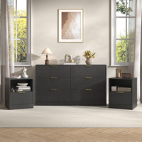 Commode noire cannelée Wabi-Sabi écologique à 9 tiroirs larges, poignées dorées, meuble de rangement moderne et spacieux, commode plate