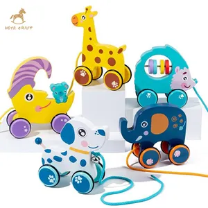 Montessori bebek güzel motorlu eğitim hayvanlar şekilli ahşap çekme römork oyuncak
