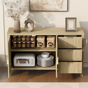 Modern Wave Pattern Sideboard With 3 <b>Drawers</b> Large <b>Storage</b> Buffet Cabinet With Hooks And Extra Center Leg - Product Image 4