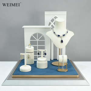 WEIMEI White Gold Trim Blue Velvet Base <b>Necklace</b> Bust Earring <b>Ring</b> Stand Bracelet Holder Luxury Window Jewelry Display Set - Product Image 4