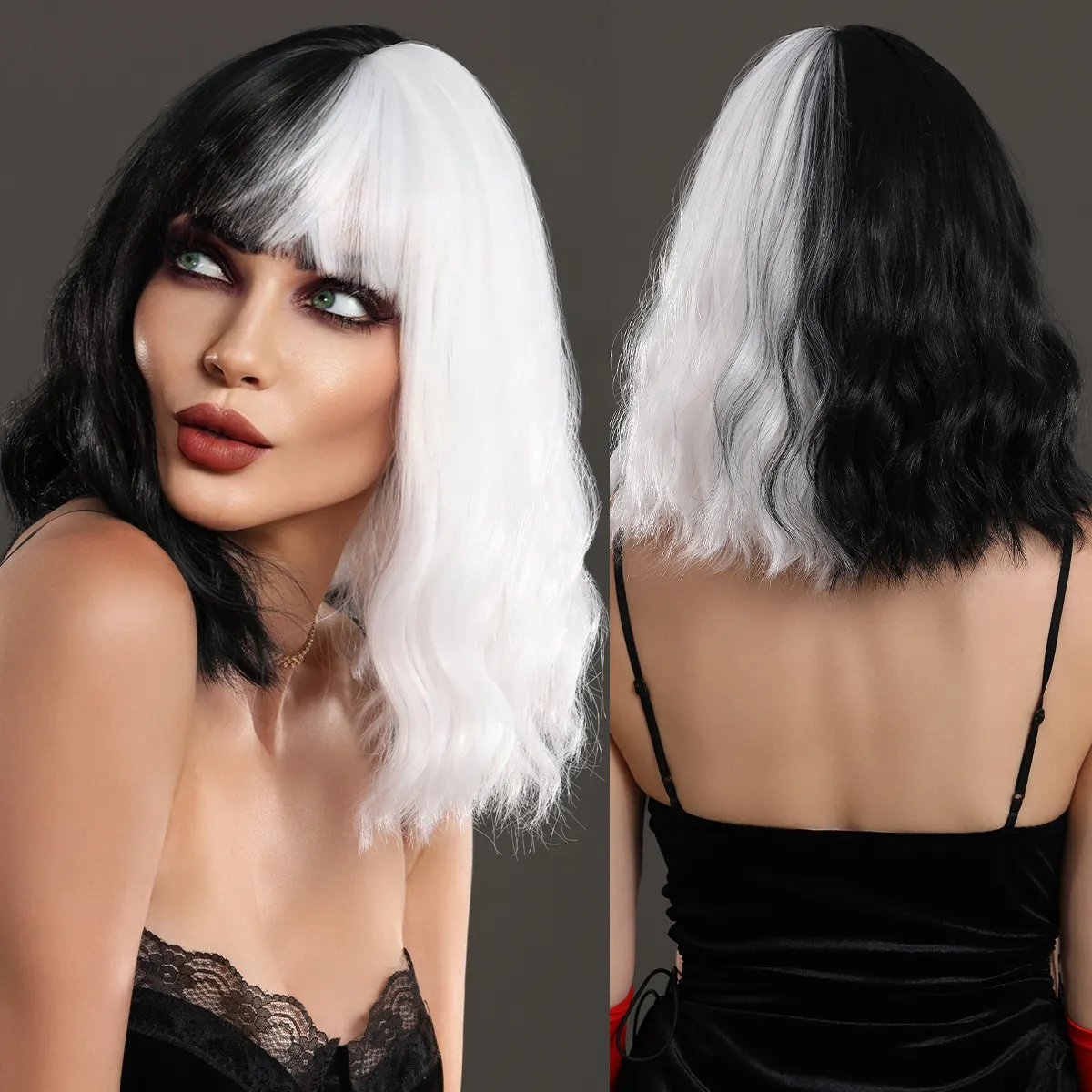 Black And White Wigs For Cruella Deville Wig Costume Women Short Curly Wavy Wigs With Wig Cosplay Cute Synthetic Wigs For Party