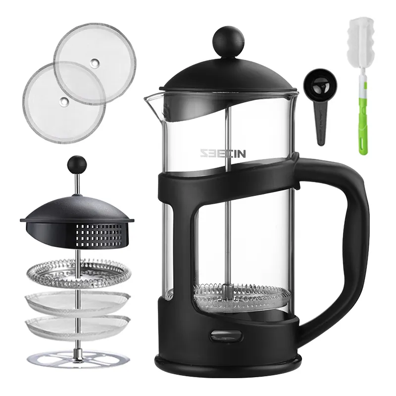 High Capacity Portable 1000ml Black Stainless Steel Strainer Espresso French Press Coffee Maker Brew Coffee