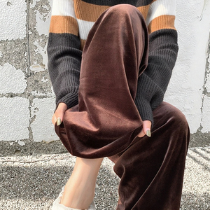 Pantalones de Terciopelo para Mujer, Primavera-Otoño, Cintura Alta, Pierna Ancha, Suaves, Lisos, Casuales, Largos, Ecológicos, con Cierre de Cordón - Product Image 3