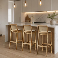 Tabouret de bar moderne et minimaliste en bois massif avec dossier en rotin courbé, écologique, personnalisé en usine, pour salle de sport, bar à domicile, hôtel