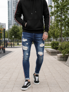 Jeans Skinny da Uomo con Strisce Laterali Effetto Vissuto, Pantaloni in Denim Elasticizzato di Alta Qualità con Strisce Laterali Rosse e Bianche - Product Image 4