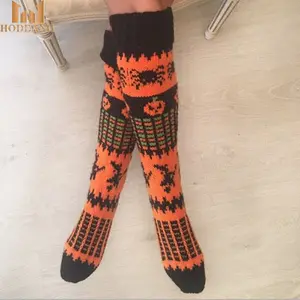 Hot Koop Breien Kostuum Zwart Oranje Warme Lange Beenwarmers Pompoen Vrouw Halloween Sokken