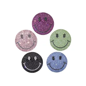 Free sample boot iron on patch Black rhinestone happy face diamond applique 3d patches for clothing