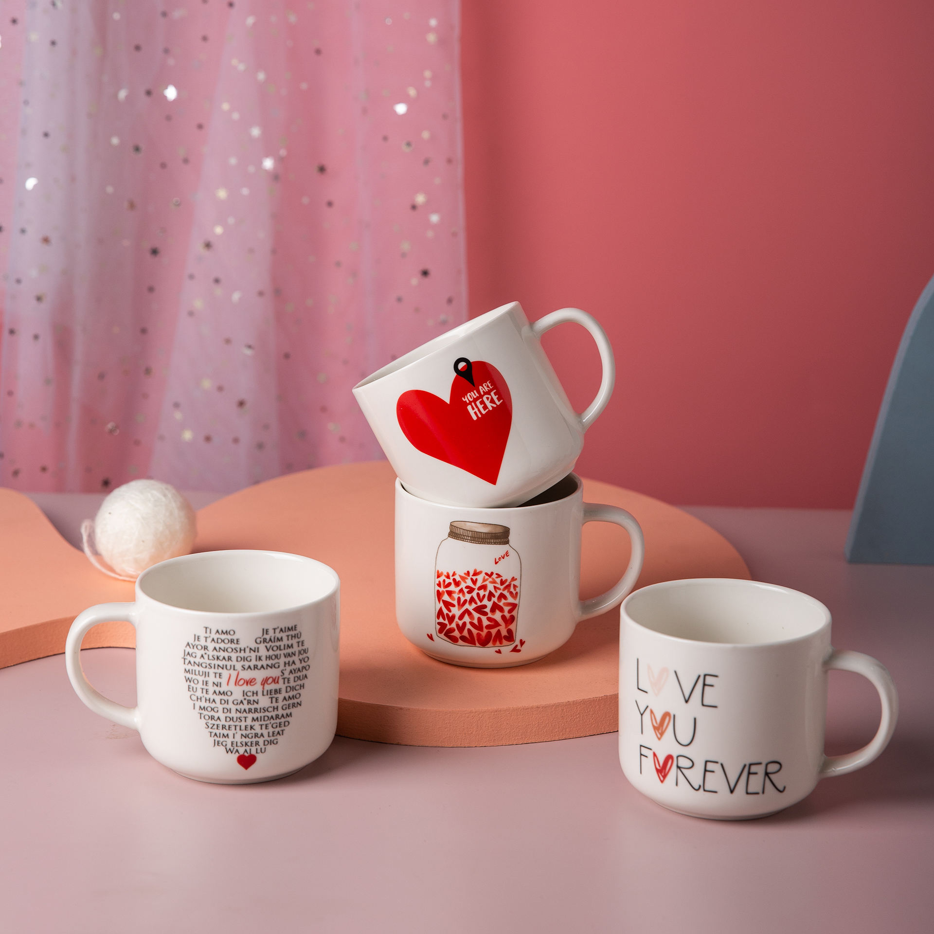 Hot Sale Valentine's Day Wholesale Pink Ceramic Coffee Mug Promo Gift Mug  for Lover with Heart Pattern Romantic Printed Design