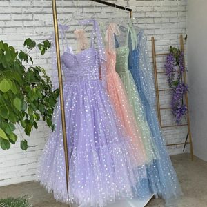 Light Purple A-Line Bridesmaid Dress Sweetheart Neckline Mesh Tulle Gown Natural Waistline Candy Color Style - Product Image 4