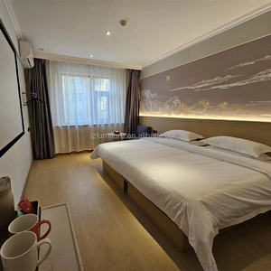 Budget Hotel Project Custom Simple <b>King</b> Bedroom Furniture MDF Plywood Bed Frame & Bedding <b>Sheet</b> Sets with Wood Panel Headboard - Product Image 1
