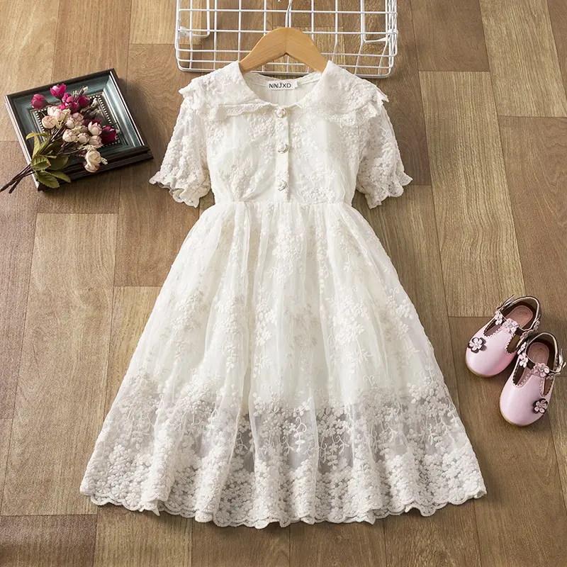 Lace Embroidery Wedding dress for Girls Collect Waist Design Princess Party Prom Gown With Pearl Buttons Summer Girls Clothes