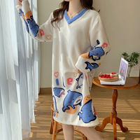Automne hiver grande taille femmes chemise de nuit mignon dessin animé à manches longues flanelle maison vêtements taille élastique genou-portant longue robe