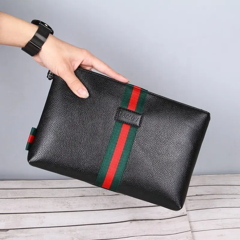 Handmade Leather Handbags for Men Large Purse Evening Clutch Bag Luxury Wristlet Wallet Black