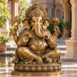 Scultura Artigianale Tradizionale Indiana in Bronzo Dorato del Signore Ganesha, Statuetta Religiosa per Arredamento Casa e Regalo - Product Image 1