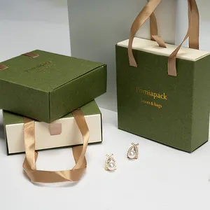 2023 Donkergroene Schuif Laden Papier Luxe Custom Geschenken Sieraden Verpakking Schattige Slider Papier Geschenkdoos Met Handvat