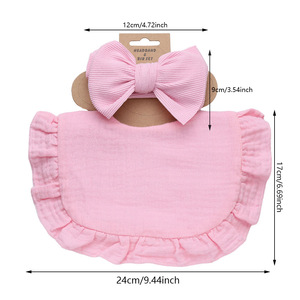 European American Solid Ruffled Baby Bib 2Pcs Set Stretchy Bow <b>Headband</b> Matching Infant Saliva Towel For Kids <b>Newborn</b> Gift Set - Product Image 2