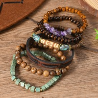 Ensemble de bracelets empilables en pierres de gravier, pierres précieuses, cristaux, cuir PU et perles en bois, style ethnique bohème, pour hommes et femmes
