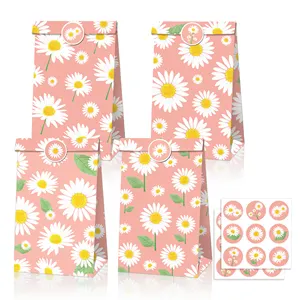 Xindeli LB181 White Daisy Flower Design Kraft Paper Candy Gift Bag Com Adesivos para Crianças Birthday Party Supplies