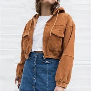 2020 Fall solid corduroy woman crop coat brown corduroy hood drawstring zip up front flat pocket brown coat jacket women