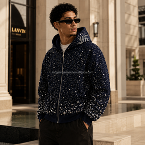 Sweat à capuche zippé surdimensionné pour homme, style streetwear, avec strass et cristaux sur toute la surface, coupe ample et épaisse, personnalisable, vente en gros - Product Image 5
