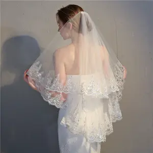 Qushine Hotsale Dubbele Lagen Paillette Witte Bruiloft Bruidssluier Met Haar Kam Voor Vrouwen