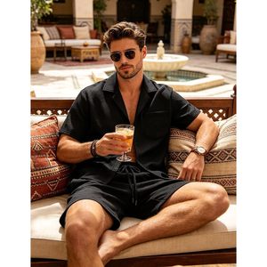 FOXA Mens 2 Piece Summer Outfit <b>Short</b> Sleeve Shirt And <b>Shorts</b> Set Breathable Woven <b>Polyester</b> - Product Image 5