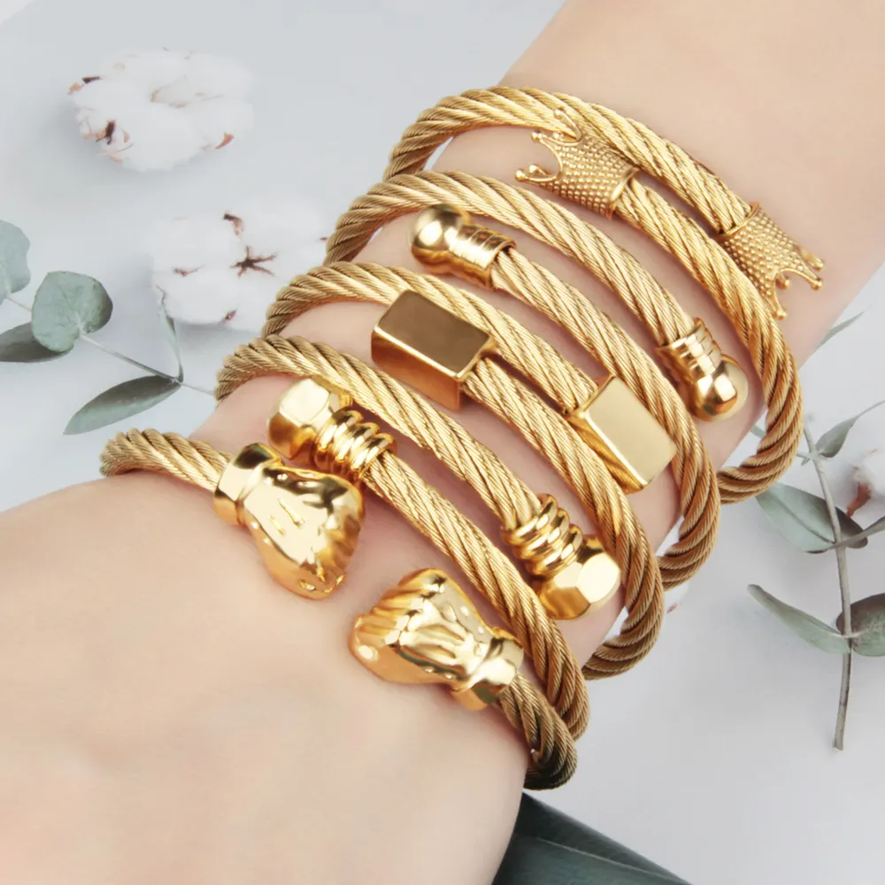 Fashion personality men's jewelry accessories wholesale cool design woven wire rope fist crown gold stainless bracelet men